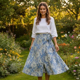 Bawełniana tkanina JEANS EMBROIDERY Bouquet light blue