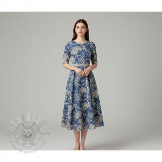 Bawełniana tkanina JEANS Embroidery leaves light blue