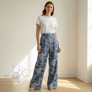 Bawełniana tkanina JEANS Embroidery leaves light blue