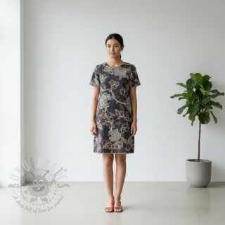 Bawełniana tkanina JEANS Embroidery leaves black