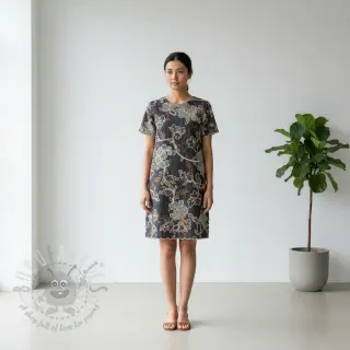 Bawełniana tkanina JEANS Embroidery leaves black
