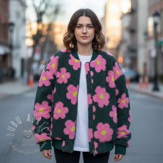 Tkanina płaszczowa TEDDY JACQUARD Flowers army green/pink