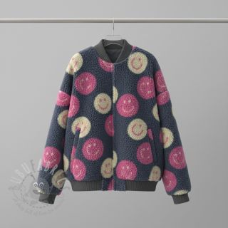 Tkanina płaszczowa TEDDY JACQUARD Happy faces jeans