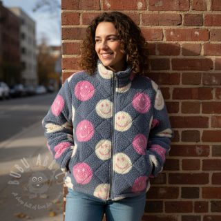 Tkanina płaszczowa TEDDY JACQUARD Happy faces jeans