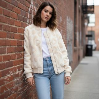 Tkanina płaszczowa TEDDY Hearts off white