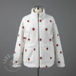 Tkanina płaszczowa TEDDY EMBROIDERY Strawberries white