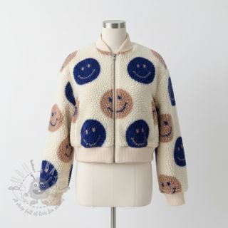 Tkanina płaszczowa TEDDY JACQUARD Happy faces ecru