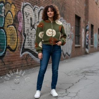 Tkanina płaszczowa TEDDY JACQUARD Happy faces green