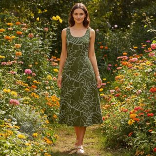Tkanina wiskozowa z lnem EMBROIDERY Leaves forest green