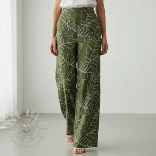 Tkanina wiskozowa z lnem EMBROIDERY Leaves forest green