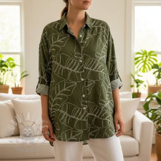 Tkanina wiskozowa z lnem EMBROIDERY Leaves forest green