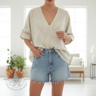 Tkanina wiskozowa z lnem natural Leaves border