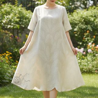 Tkanina wiskozowa z lnem natural Leaves border