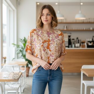 Wiskoza SATIN Flowie Noe orange digital print