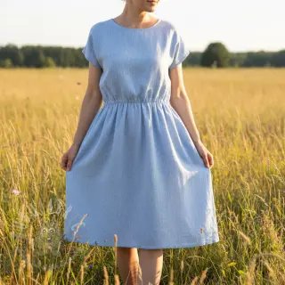 Len bawełna Fishbone light blue