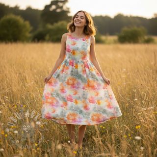 Len z bawelną Abstract flowers RAMIE orange digital print