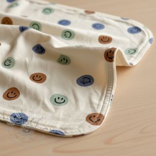 Bawełniana tkanina FLANNEL Happy faces off white green