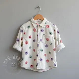 Bawełniana tkanina FLANNEL Happy faces off white lilac