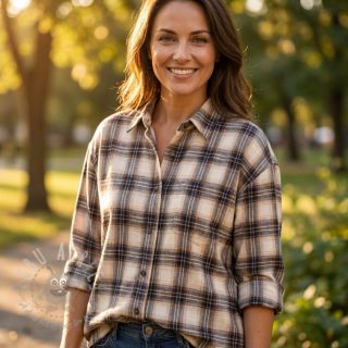 Bawełniana tkanina YARN DYED BRUSHED Check Tim beige