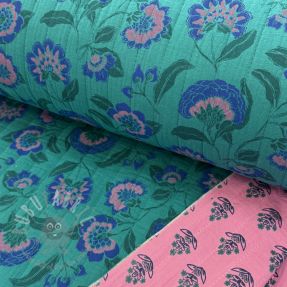 Muślin double gauze STEPPED Flowers petrol