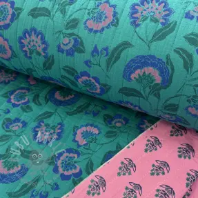 Muślin double gauze STEPPED Flowers petrol