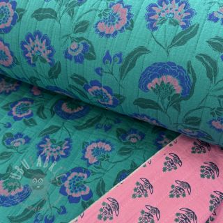 Muślin double gauze STEPPED Flowers petrol