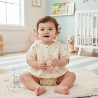 Muślin double gauze EMBROIDERY Fruit natural yellow