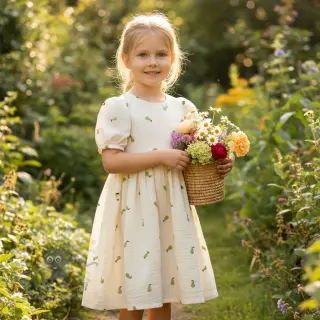 Muślin double gauze EMBROIDERY Fruit green SIMPLY NATURAL