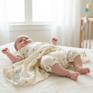 Muślin double gauze EMBROIDERY Fruit natural green