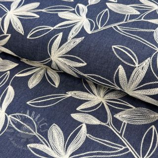 Bawełniana tkanina JEANS Embroidery Flowers white