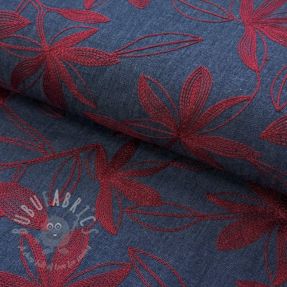 Bawełniana tkanina JEANS Embroidery Flowers burgundy