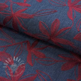 Bawełniana tkanina JEANS Embroidery Flowers burgundy