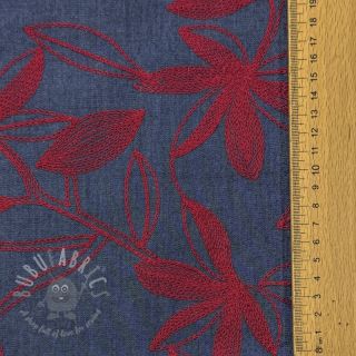 Bawełniana tkanina JEANS Embroidery Flowers burgundy