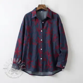 Bawełniana tkanina JEANS Embroidery Flowers burgundy