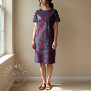 Bawełniana tkanina JEANS Embroidery Flowers burgundy