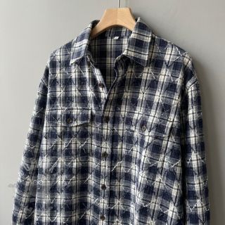 Bawełniana tkanina YARN DYED BRUSHED Check EMBROIDERY navy