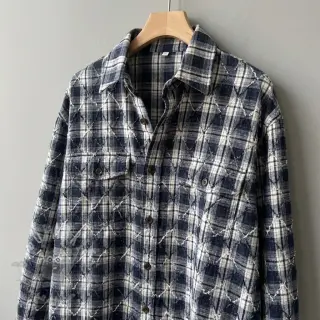 Bawełniana tkanina YARN DYED BRUSHED Check EMBROIDERY navy