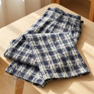 Bawełniana tkanina YARN DYED BRUSHED Check EMBROIDERY navy