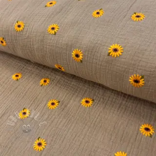 Muślin double gauze EMBROIDERY Sunflowers beige