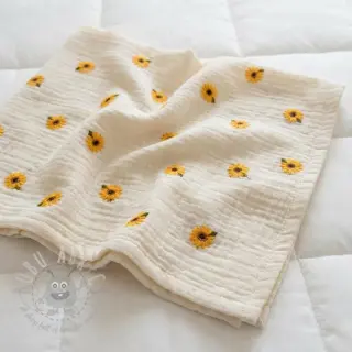 Muślin double gauze EMBROIDERY Sunflowers natural