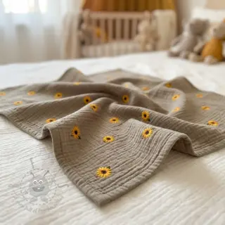 Muślin double gauze EMBROIDERY Sunflowers beige