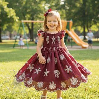 Bawełniana tkanina EMBROIDERY Sea ornaments bordeaux