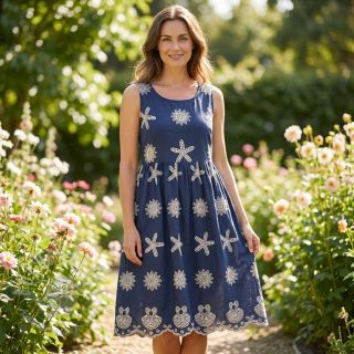 Bawełniana tkanina EMBROIDERY Sea ornaments navy