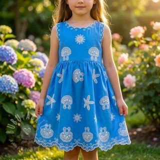 Bawełniana tkanina EMBROIDERY Sea ornaments light blue
