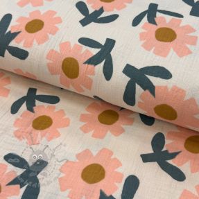 Muślin double gauze Flowers peach by JENNIFER BOURON ORGANIC