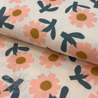 Muślin double gauze Flowers peach by JENNIFER BOURON ORGANIC
