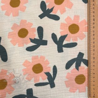 Muślin double gauze Flowers peach by JENNIFER BOURON ORGANIC