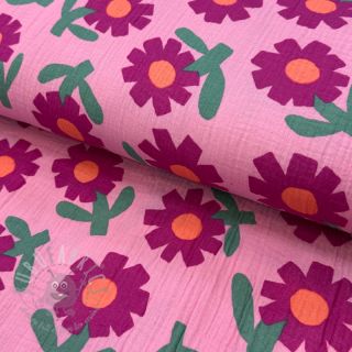 Muślin double gauze Flowers pink by JENNIFER BOURON ORGANIC