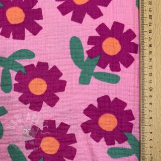 Muślin double gauze Flowers pink by JENNIFER BOURON ORGANIC