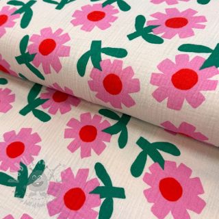 Muślin double gauze Flowers natural/pink by JENNIFER BOURON ORGANIC